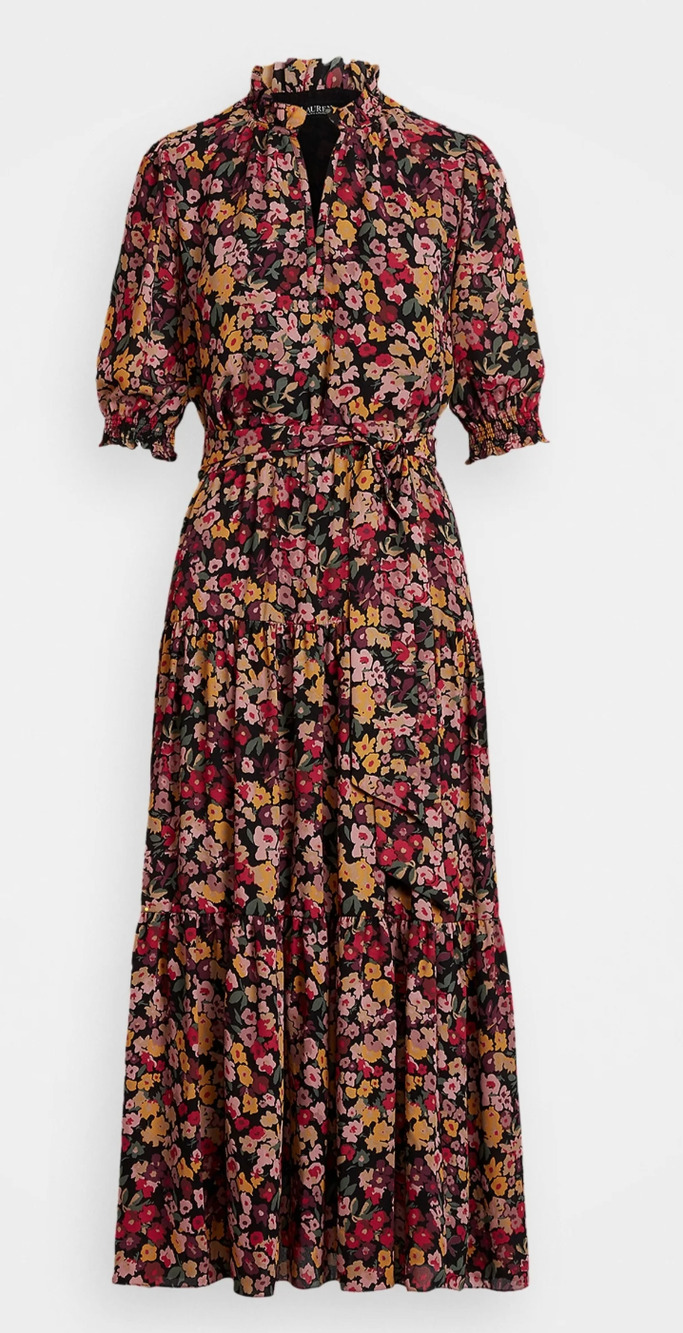 Lauren Ralph Lauren Dark Floral Georegette Belted Maxi Dress